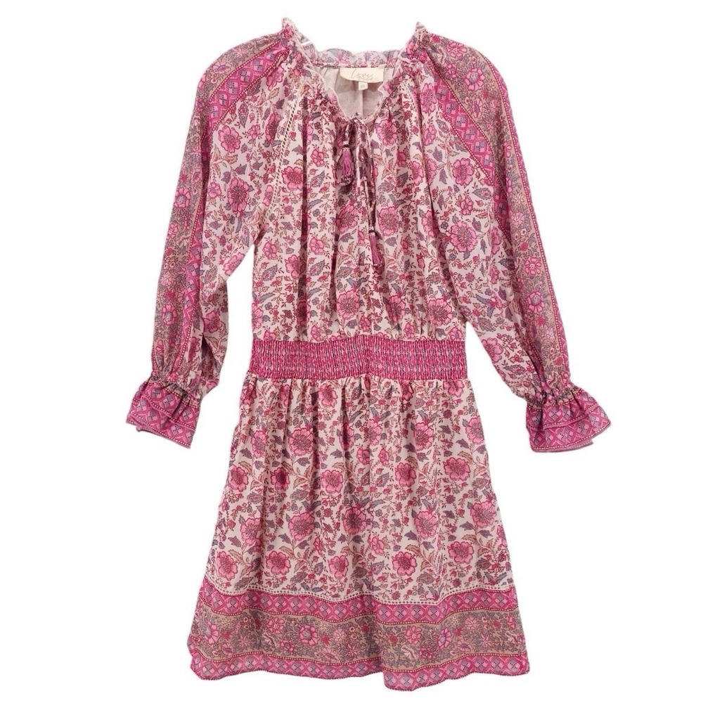 Anthropologie Love The Label Pink Tippy Border Floral Boho Tassels Dress MEDIUM